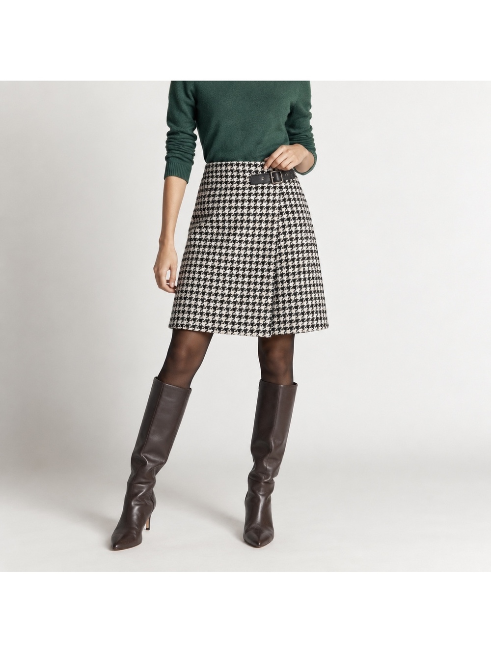 Boden British Tweed by Moon Houndstooth Wool Faux Wrap Skirt US 14L Buckle